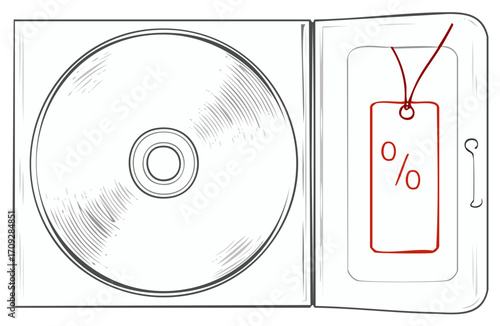 Illustrated CD case with discount tag, music or sale concept.