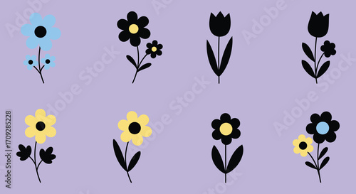 Simple illustration of various colorful flowers with dark stems and leaves