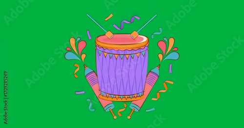 Drumsticks descending on purple drum causing celebration confetti ribbons over transparent backdrop