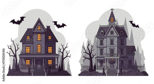Illustration of two old, creepy mansions with glowing windows, bare trees, and flying bats, evoking a Halloween atmosphere.