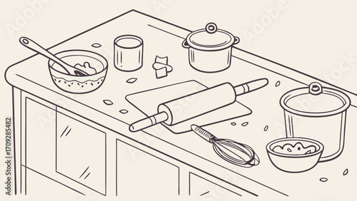 Baking Preparation Still Life Rolling Pin Bowls and Utensils on Kitchen Counter