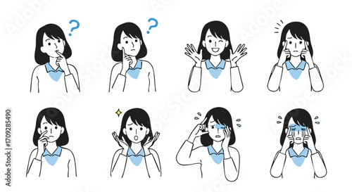 Woman's diverse emotional expressions and thoughts captured in simple, clear illustrations for relatable content