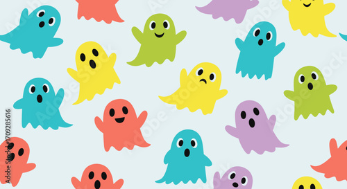 A whimsical pattern of many colorful cartoon ghosts with various expressions on a light blue background, perfect for Halloween or playful designs.