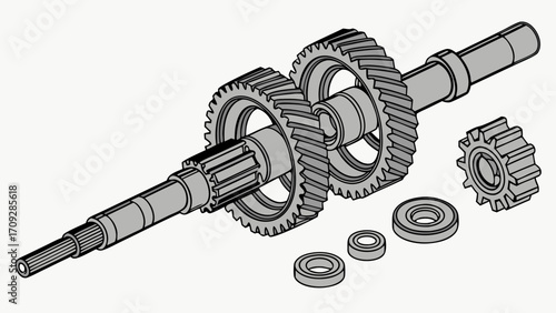Isometric View of a Gearbox Assembly with Shaft Gears and Bearings