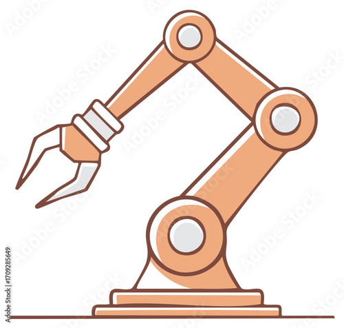 Vibrant orange industrial robot arm with open claw icon representing automation manufacturing and future technology