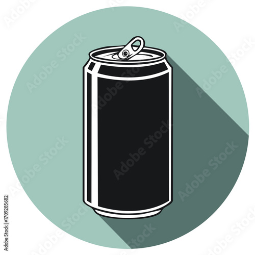 Black aluminum beverage can icon with pull tab and long shadow in modern flat design style