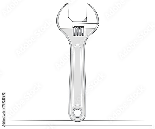 Illustrated adjustable wrench, engineering tool, chrome design