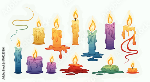 A vibrant collection of colorful burning candles with melting wax, varying in size and shape, on a white background.