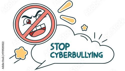 Stop Cyberbullying Cartoon Illustration with Angry Face and Speech Bubble