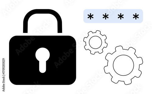 Lock symbol, password field with asterisks, and two gears symbolize online security, encryption, access management. Ideal for cybersecurity, technology, data privacy, encryption authentication