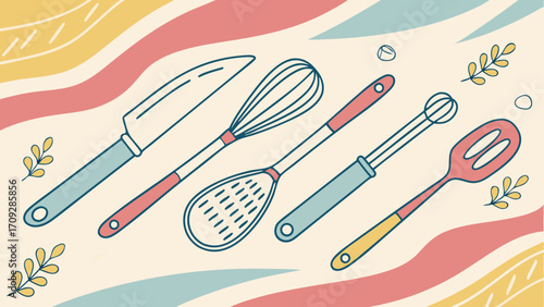 Stylized Kitchen Utensils in Pastel Colors with Decorative Elements