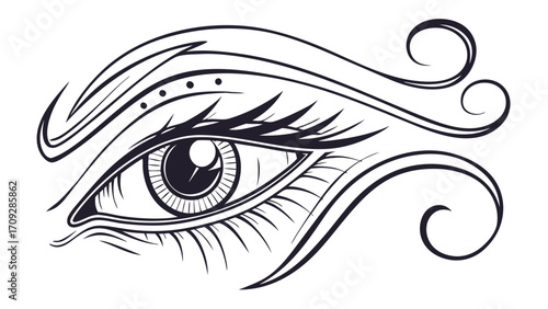 Stylized Eye with Decorative Swirls and Bold Eyelashes in Black and White