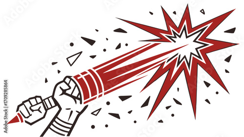 Stylized Fist Punching Through with Red Energy Blast and Debris