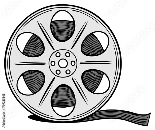 Black and white film reel illustration with filmstrip unwinding, symbolizing classic cinema and video production.