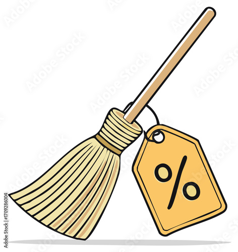 Traditional broom with a price tag showing a percentage symbol for sale