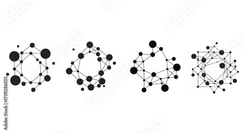A series of interconnected network diagrams with varying node complexity