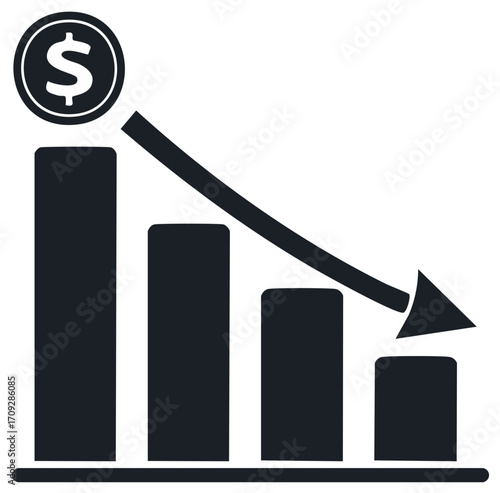 Decreasing bar chart with dollar sign illustrating economic downturn business or investment loss or negative financial trend