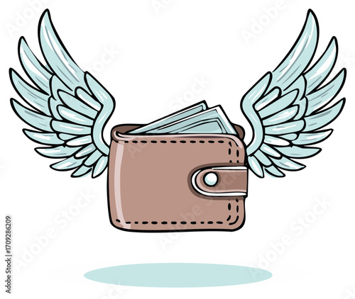 Cartoon wallet with angel wings flying away as a metaphor for spending money