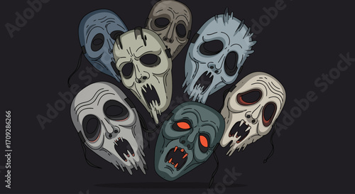 A collection of stylized, creepy, mask-like faces with open mouths and sharp teeth, some with glowing red eyes, against a dark background, evoking horror and fear.