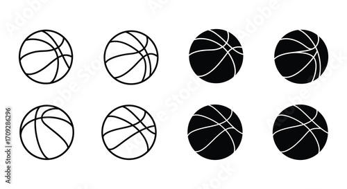 Simple black and white illustration of several basketballs in a grid