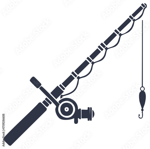 Fishing pole illustration vector, isolated fishing rod with reel and a lure with hook, simple flat style vector illustration