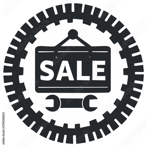 Sale sign with wrench and gear design for auto repair or mechanical business