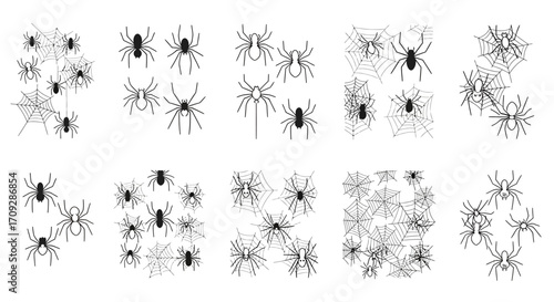 A collection of black and white graphic spider illustrations, some with webs, arranged in various groups.