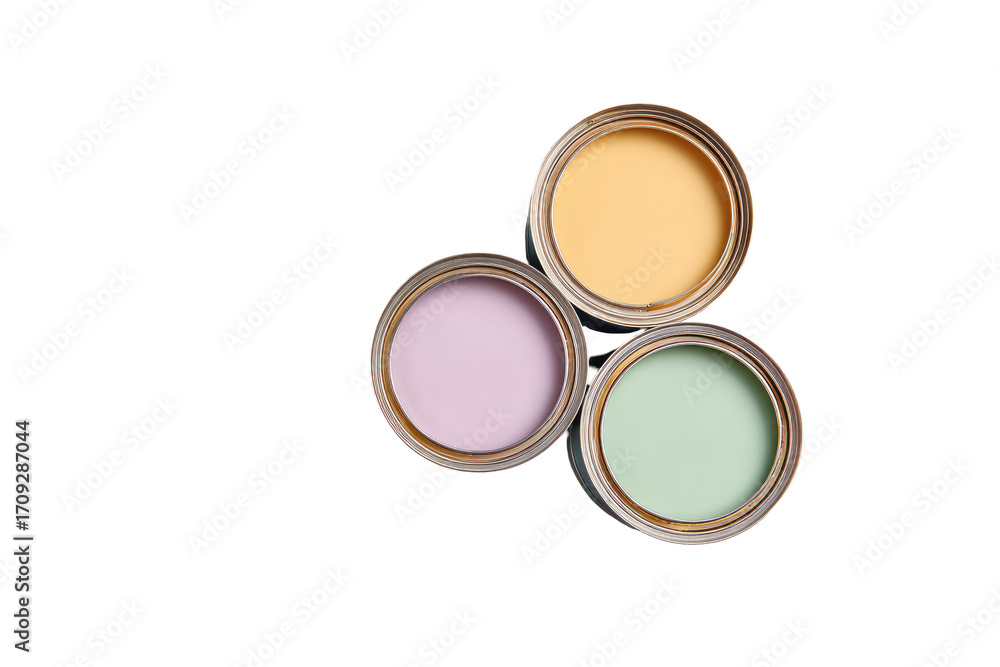Naklejka premium Three paint cans, pastel colors, arranged in a triangle