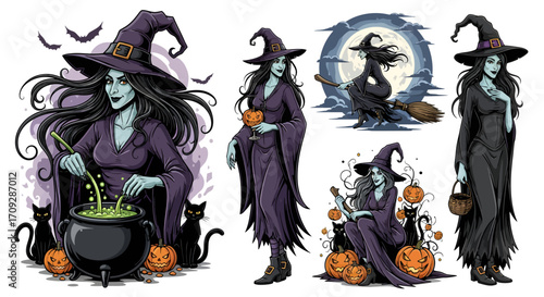 Collection of illustrations featuring a dark-haired witch with black cats and pumpkins, engaged in various Halloween-themed activities like brewing potions and flying on a broom.