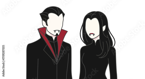 Two cartoon faceless vampires, a male and a female, with fangs and dark clothing, standing side by side.
