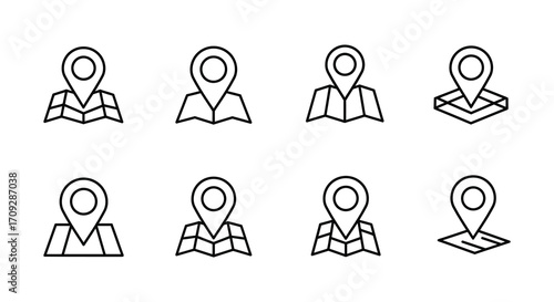 Simple black and white outline icons of location pins and map markers