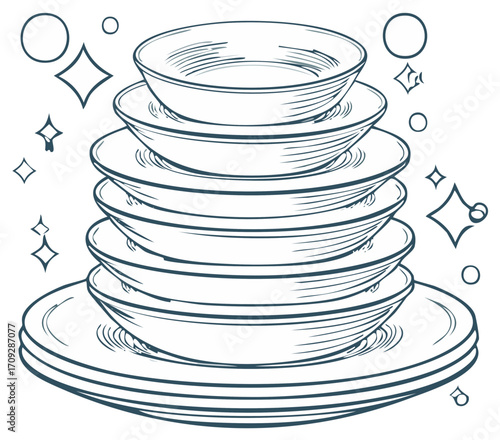 Neatly stacked pile of sparkling clean dishes and bowls with shine effects line art illustration