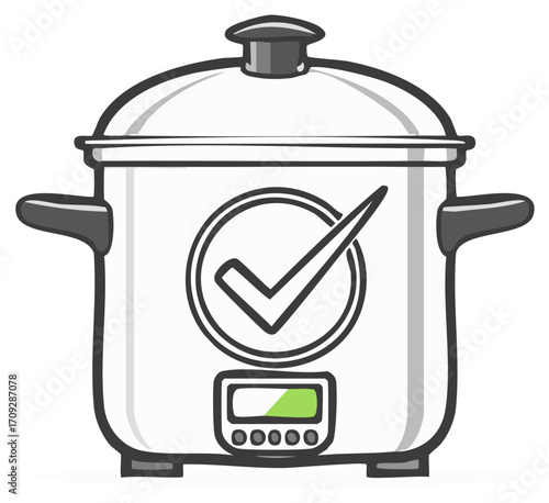 Digital appliance ready to cook with green light and a checkmark icon for cooking