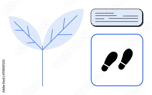 Plant silhouette, text block, and footprints communicate eco-friendly living and sustainability. Ideal for environmental awareness, green initiatives, responsible consumption, minimalism, nature