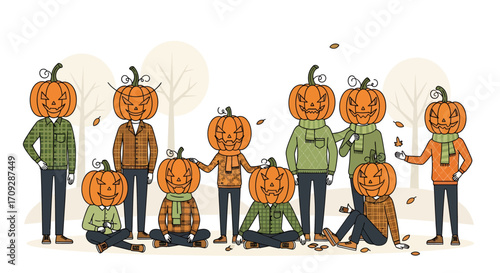 A group of people with carved pumpkin heads wearing autumn clothing in an outdoor fall setting with fallen leaves.