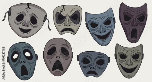 Collection of eight stylized, creepy, and expressive theatrical masks depicting various human emotions and states of mind.