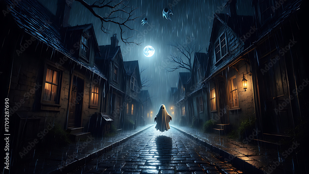Fototapeta premium Mysterious Ghost Floating Down a Dark, Rainy Cobblestone Street Under a Full Moon