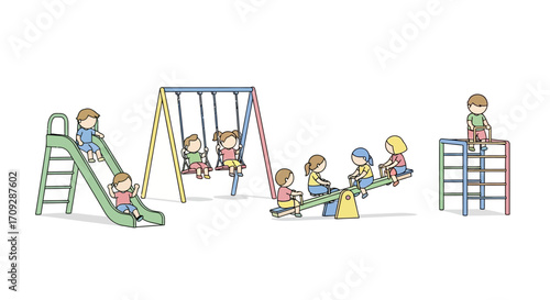 Children playing on playground equipment, having fun outdoors.