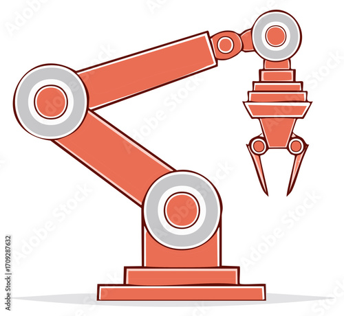 Modern industrial robotic arm with a claw gripper icon representing factory automation technology
