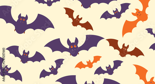 Cartoon bats in shades of purple, orange, and brown flying in a seamless pattern against a light cream background, evoking a Halloween or spooky theme.