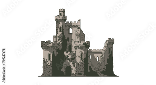 Pixel art illustration of a dilapidated medieval castle ruin with crumbling walls and towers, rendered in a retro video game style.