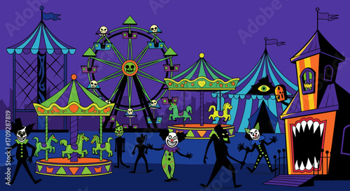 A dark and eerie carnival scene at night, featuring a spooky Ferris wheel, carousel, striped tents, a haunted house with teeth, and various creepy clowns and figures.