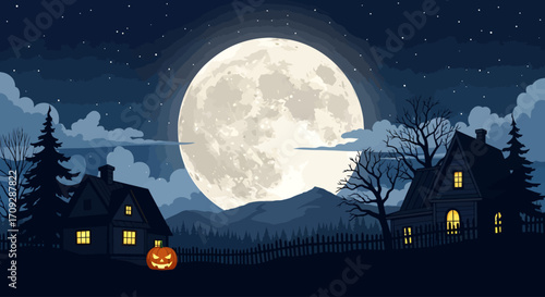 Pixel art Halloween night scene with a giant full moon illuminating spooky houses, bare trees, distant mountains, and a glowing pumpkin.