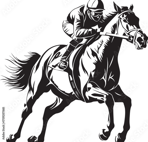 Dynamic Race: A jockey leans into the reins of a powerful steed, charging toward the finish line, a symbol of speed, agility, and the thrill of competition.