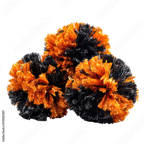 Three orange and black pom-poms clustered