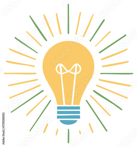 Lightbulb Icon Shining with Yellow and Green Rays of Inspiration Vector Illustration