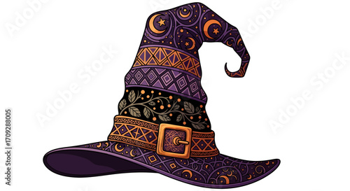 Intricately decorated purple and black witch's hat with gold and orange patterns, moons, stars, and a buckle, on a white background.