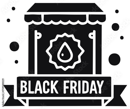 Black Friday Sale Graphic Element with Storefront Silhouette and Water Drop for Hydration Offers