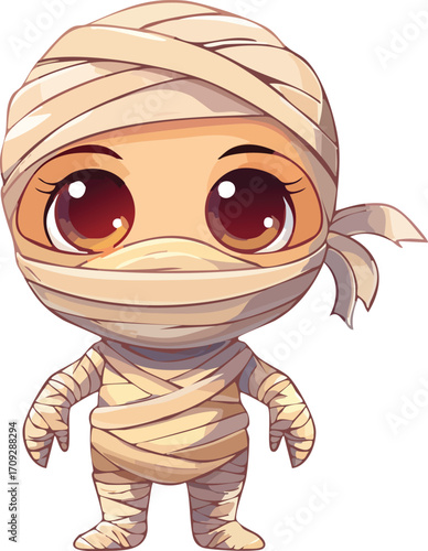 Adorable cartoon mummy child, large eyes, bandages, Halloween costume.