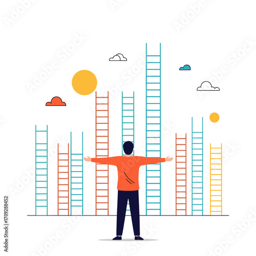Man standing in front of multiple ladders of different heights reaching for the sky.